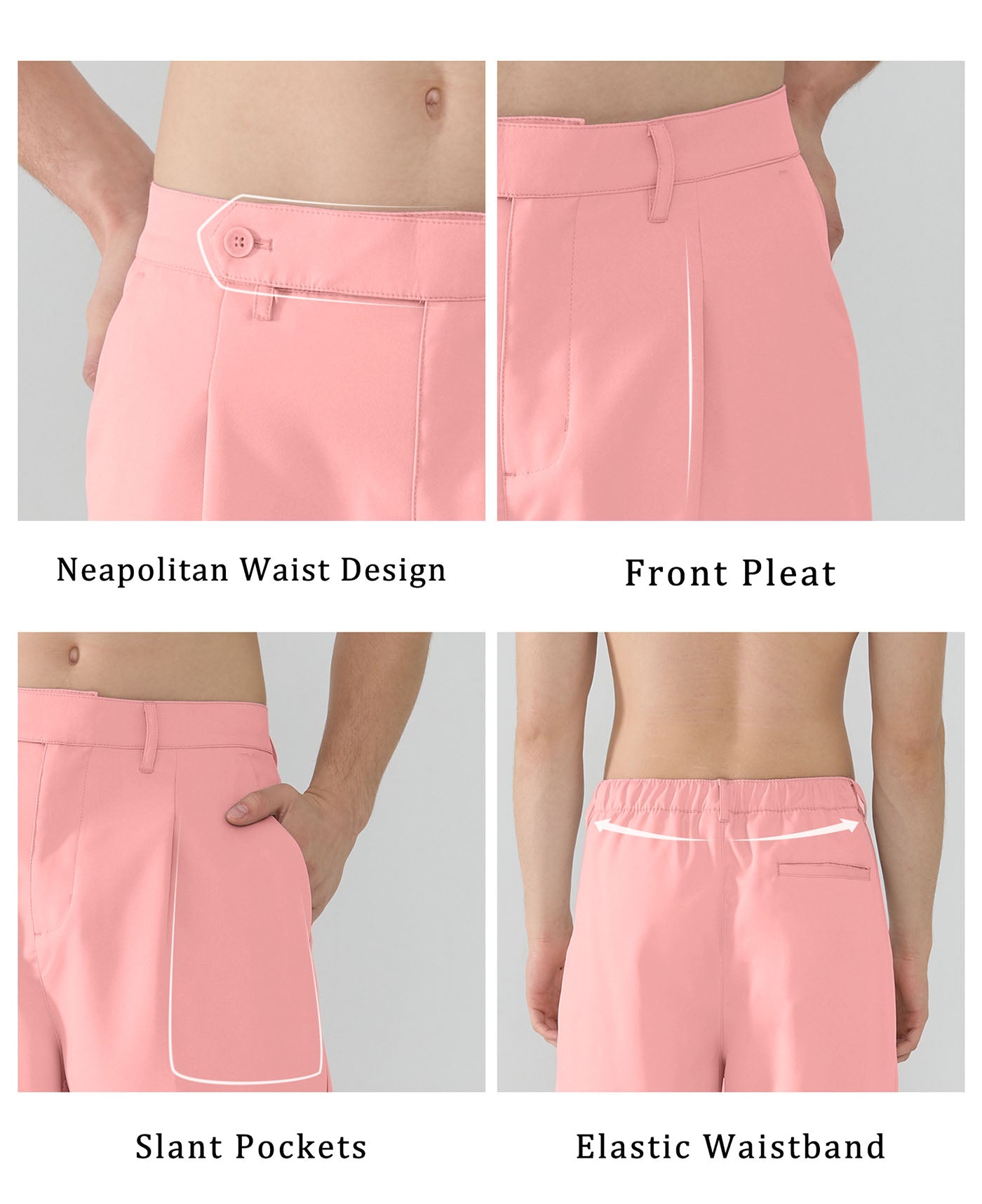 Features Neapolitan waistband front pleats slanted pockets elastic waist for diverse fits.