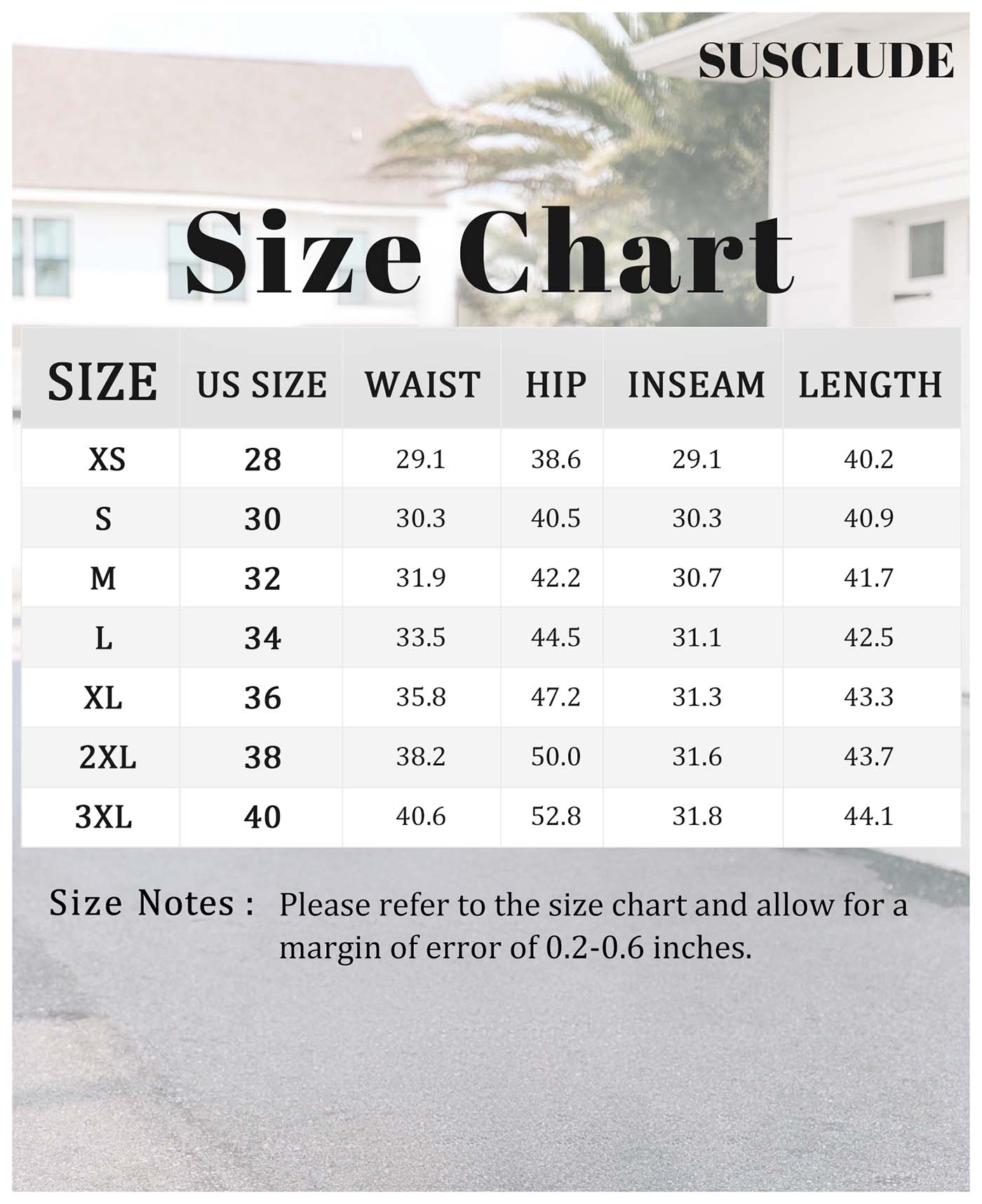 SUSCLUDE size chart inches waist hip inseam length covers XS to 3XL with 0.2 to 0.6 inch manual tolerance.