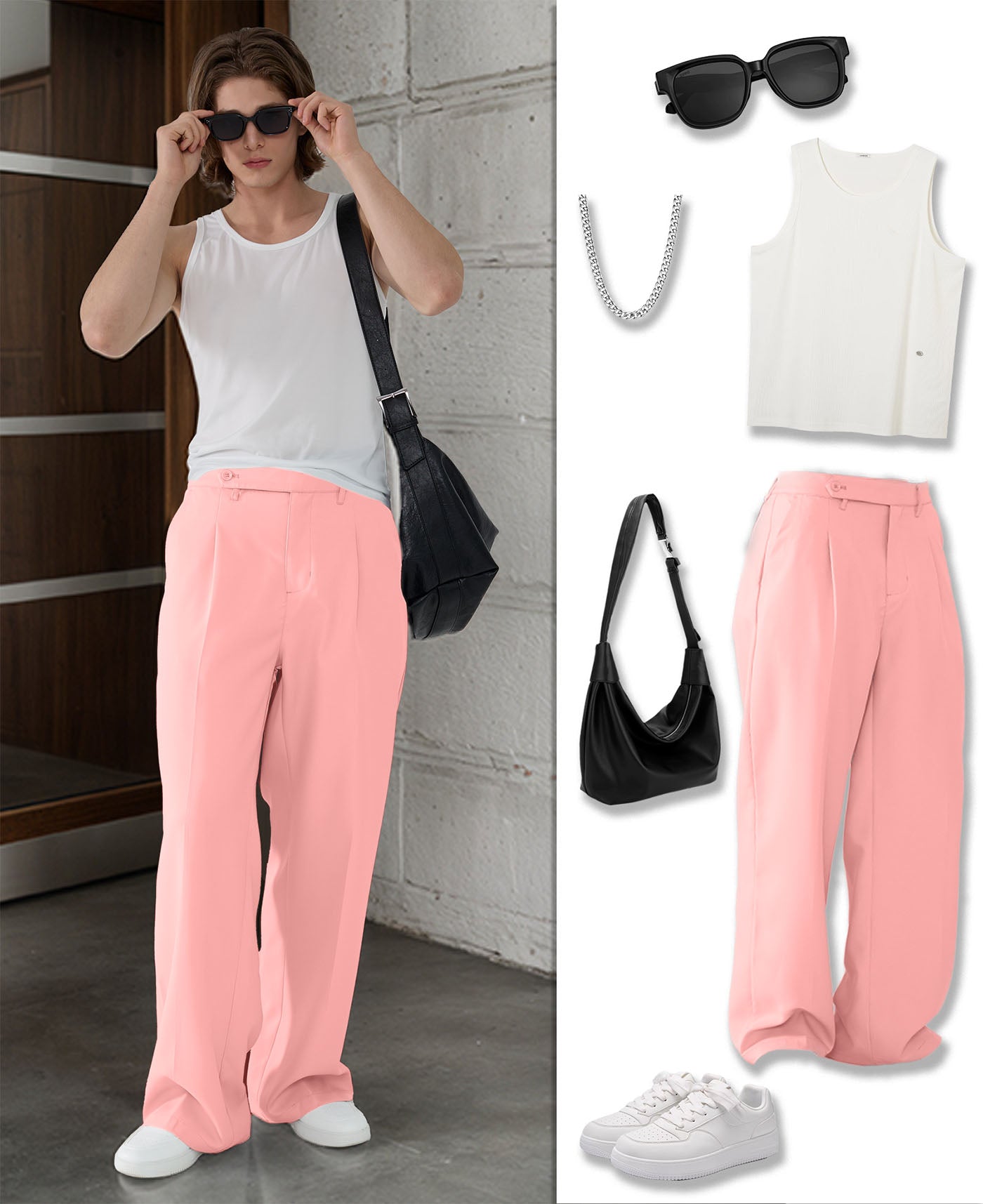 Styling ideas with pink Men's Pleated Baggy Dress Pants vests bags and more for versatile looks.