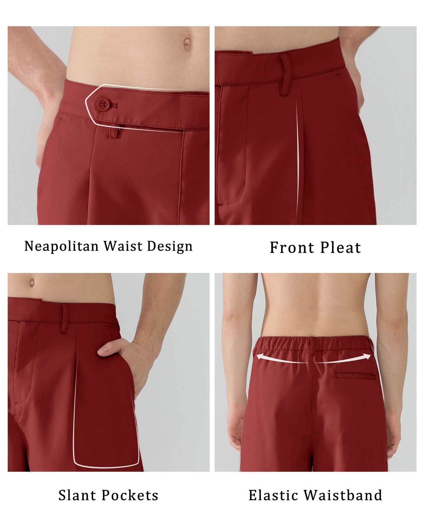 Features Neapolitan waistband front pleats slanted pockets elastic waist for diverse fits.