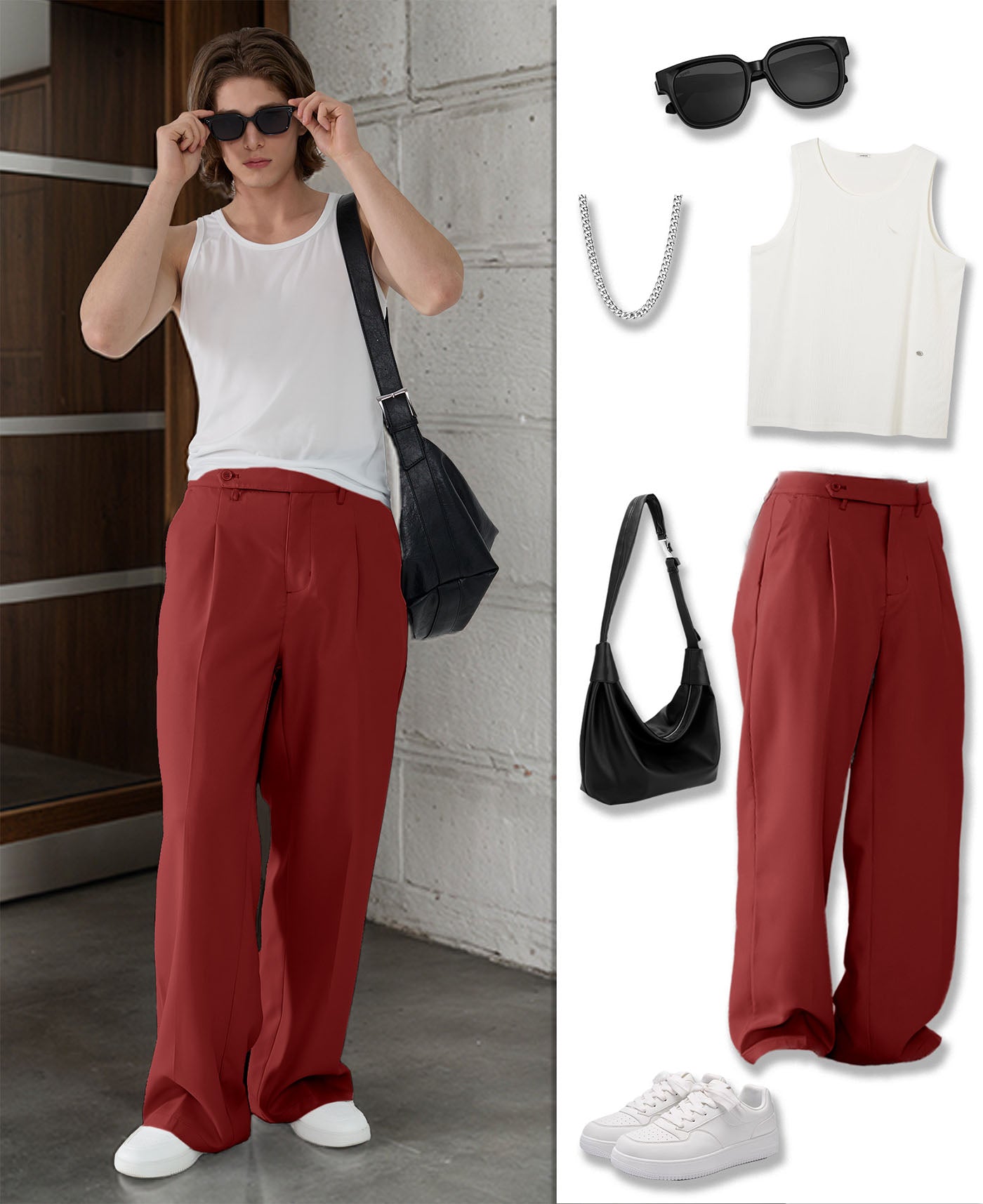 Styling ideas with red Men's Pleated Baggy Dress Pants vests bags and more for versatile looks.