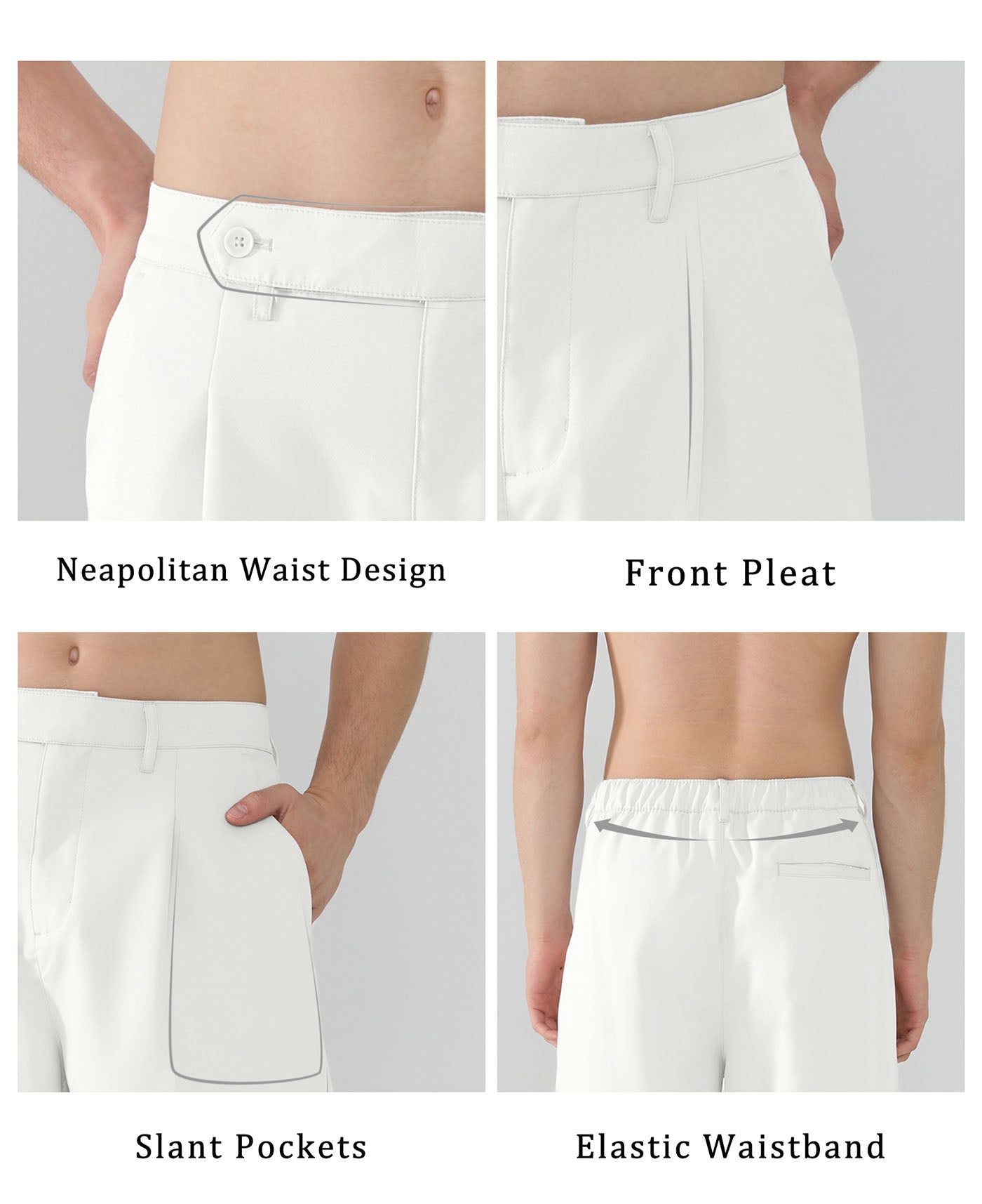 Features Neapolitan waistband front pleats slanted pockets elastic waist for diverse fits.