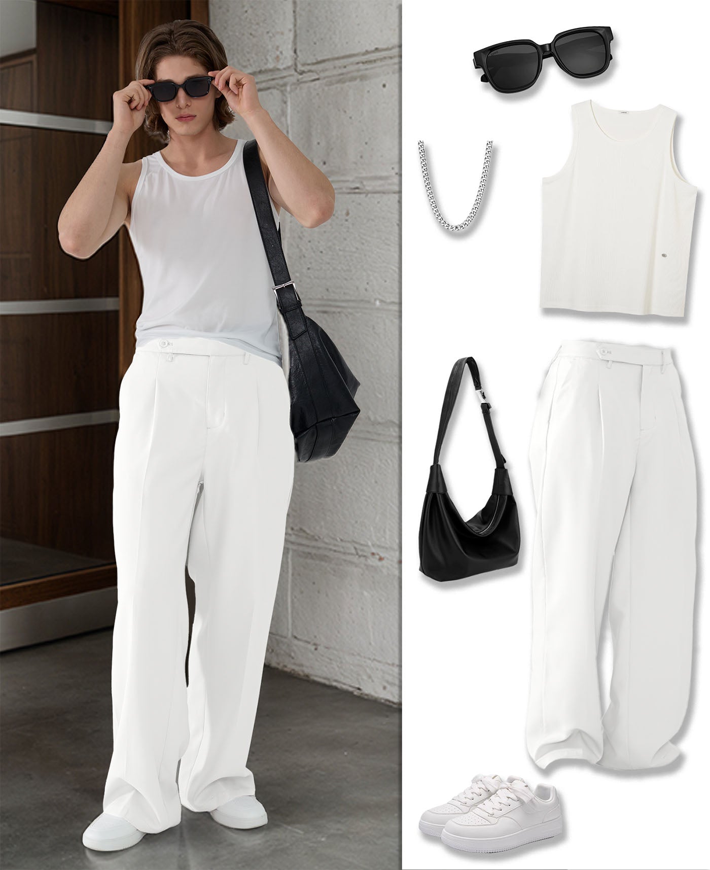 Styling ideas with white Men's Pleated Baggy Dress Pants vests bags and more for versatile looks.