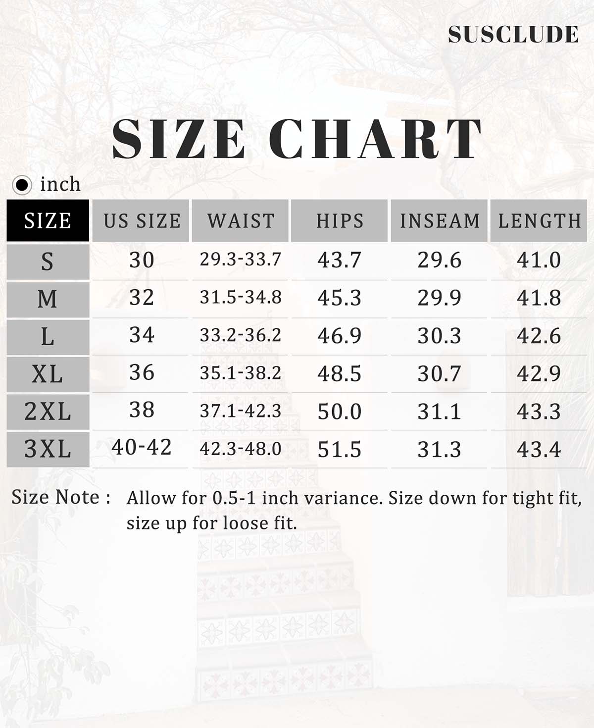 SUSCLUDE size chart for men's sweatpants in inches, including US sizes, waist, hip, inseam measurements, 0.5-1 inch tolerance.