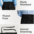 Features of Mens Pleated Dress Pants: elastic waist (comfort), front pleats (structure), inner drawstring (adjustable fit).