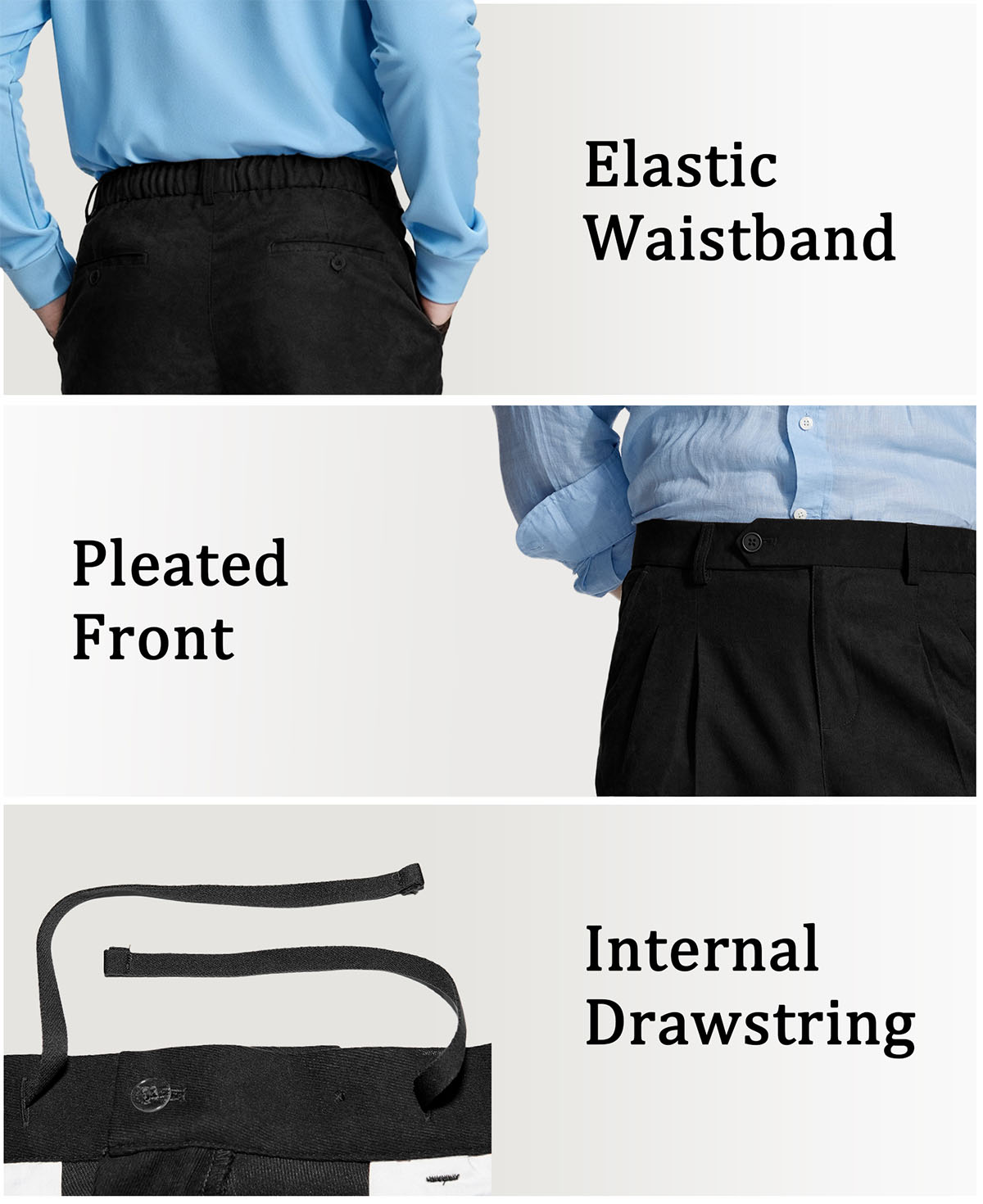 Features of Mens Pleated Dress Pants: elastic waist (comfort), front pleats (structure), inner drawstring (adjustable fit).