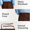 Features of Mens Pleated Dress Pants: elastic waist (comfort), front pleats (structure), inner drawstring (adjustable fit).