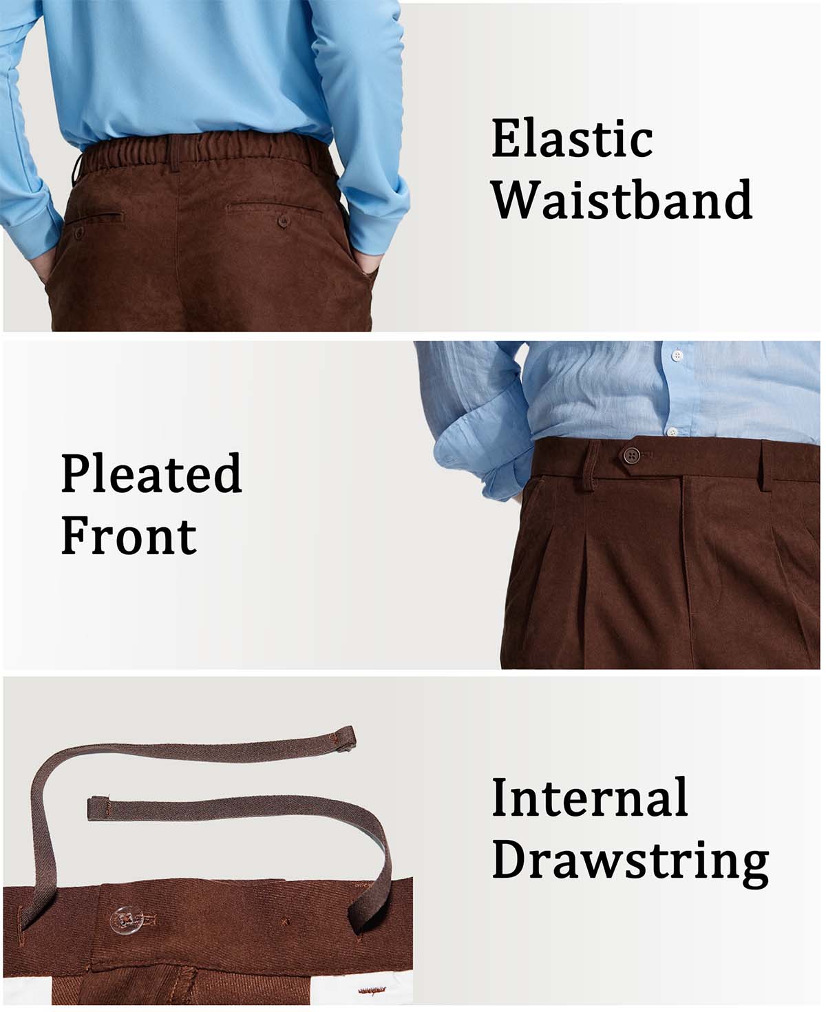Features of Mens Pleated Dress Pants: elastic waist (comfort), front pleats (structure), inner drawstring (adjustable fit).