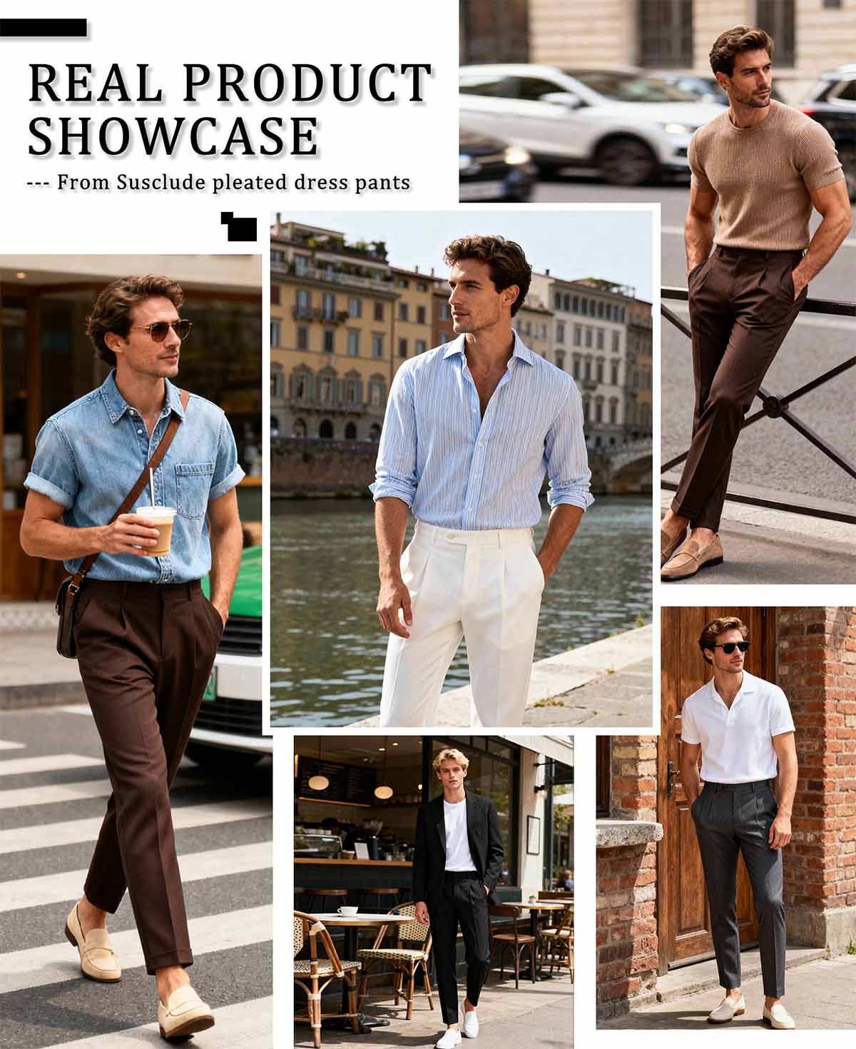 Real-life styling in black, white, gray, brown, perfect for street, vacation, or casual days wearing Mens Pleated Dress Pants.