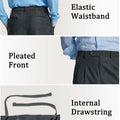 Features of Mens Pleated Dress Pants: elastic waist (comfort), front pleats (structure), inner drawstring (adjustable fit).