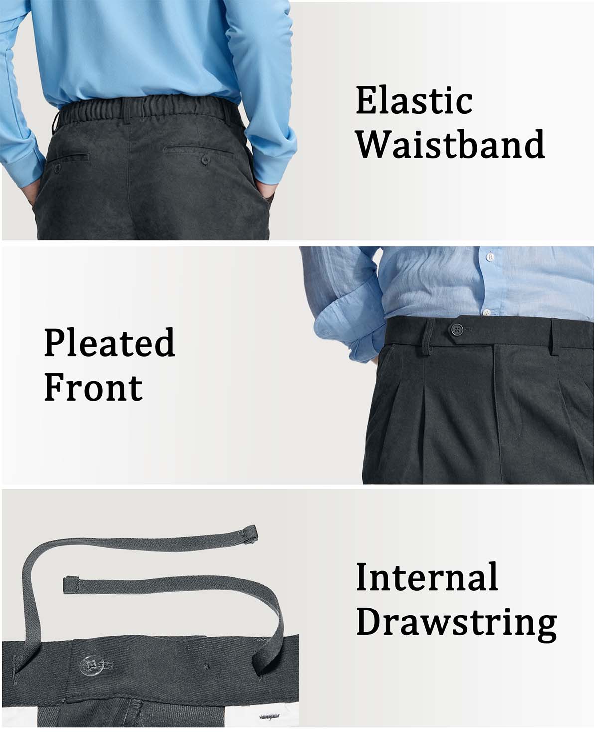 Features of Mens Pleated Dress Pants: elastic waist (comfort), front pleats (structure), inner drawstring (adjustable fit).