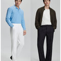 Style options for Mens Pleated Dress Pants: white tee with black pants, light blue polo with white pants, classic colors for versatile looks.