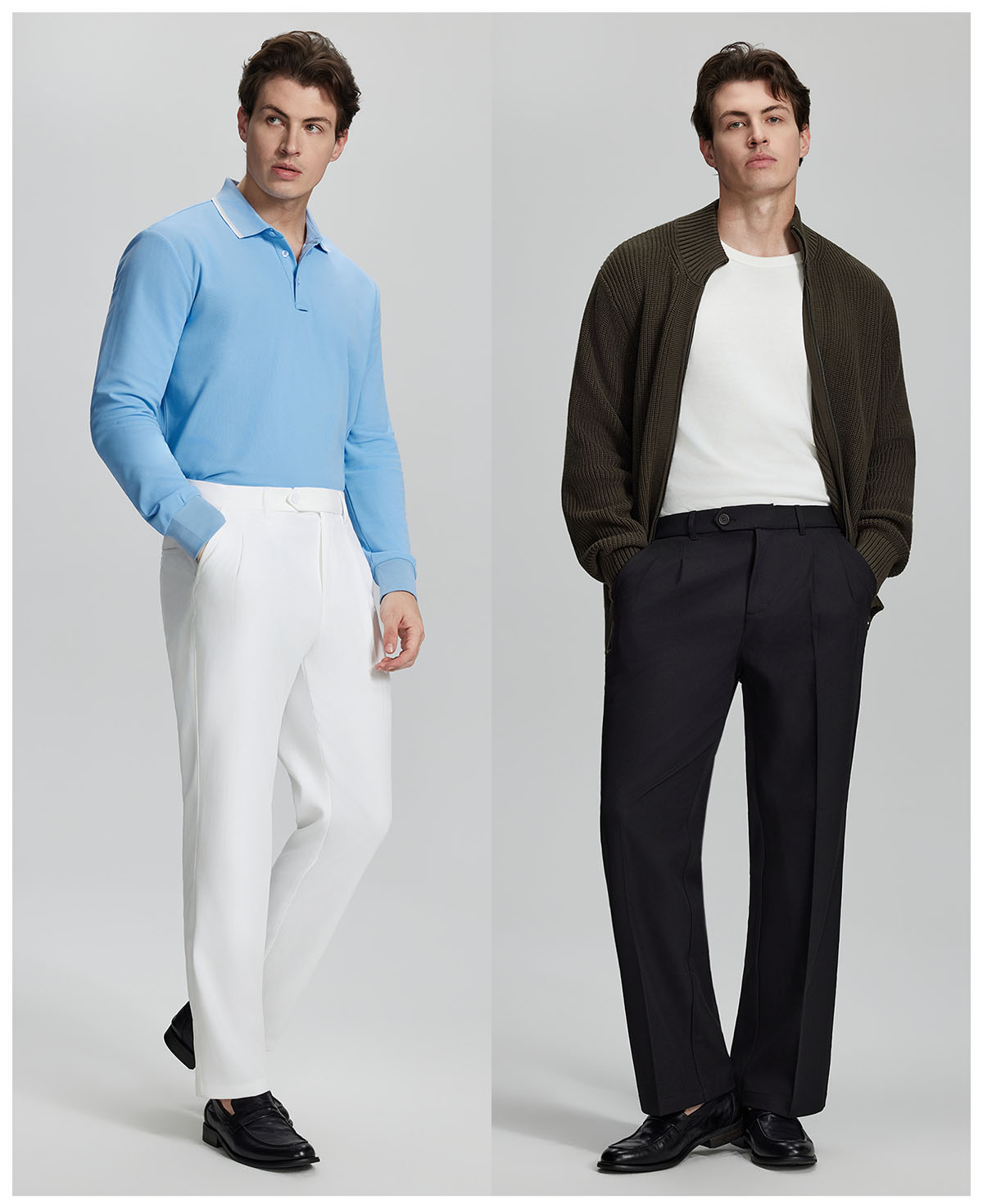 Style options for Mens Pleated Dress Pants: white tee with black pants, light blue polo with white pants, classic colors for versatile looks.
