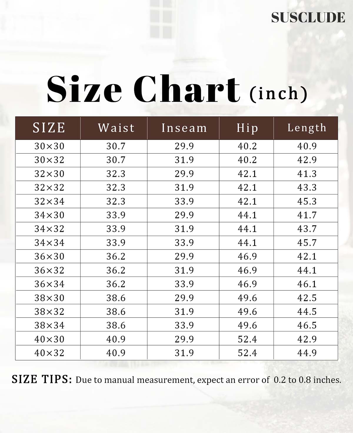 SUSCLUDE size chart for Mens Pleated Dress Pants inseam sizes (inches) with manual measurement tolerance.