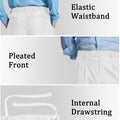 Features of Mens Pleated Dress Pants: elastic waist (comfort), front pleats (structure), inner drawstring (adjustable fit).