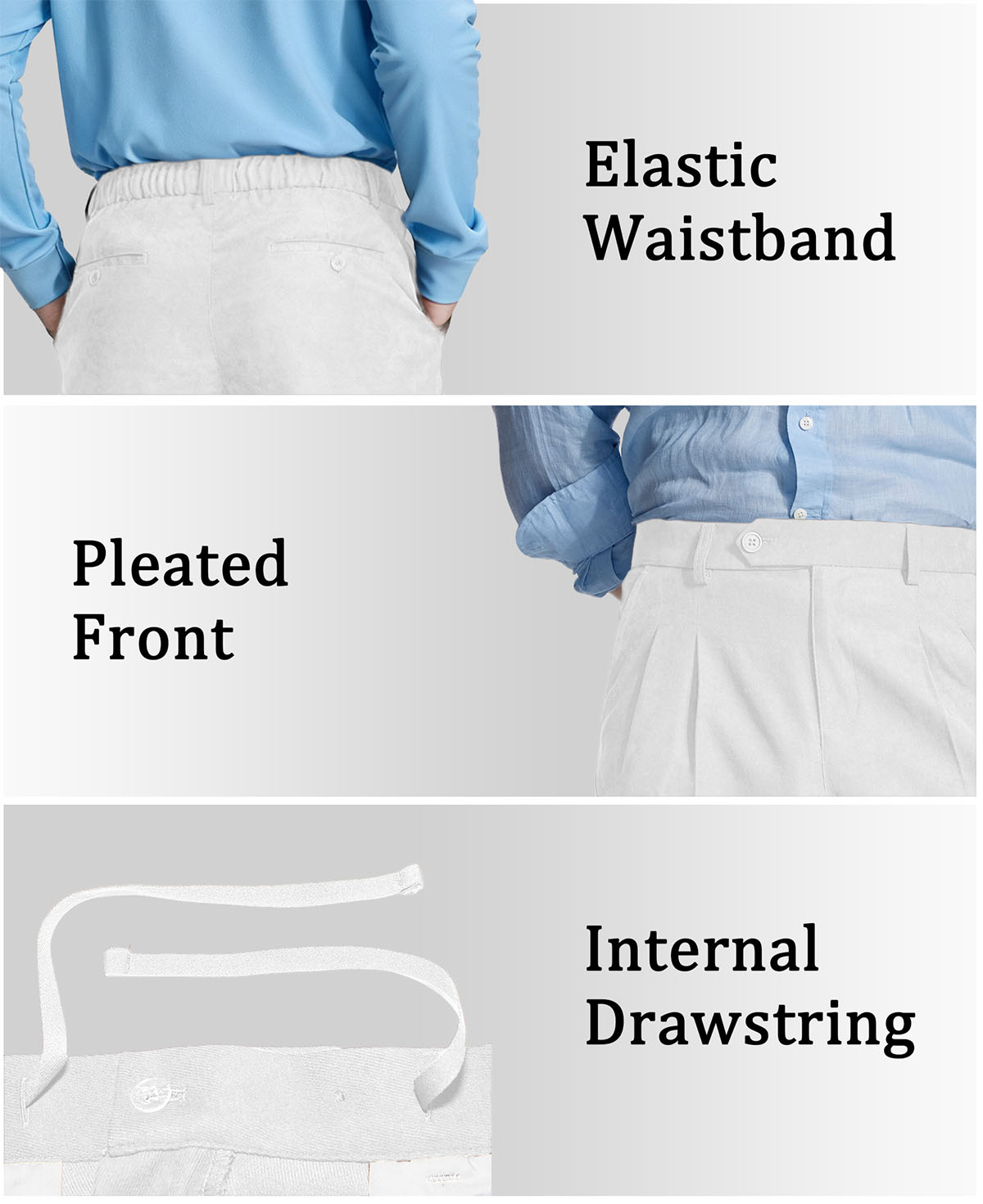 Features of Mens Pleated Dress Pants: elastic waist (comfort), front pleats (structure), inner drawstring (adjustable fit).