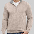 Model in apricot Men's Quarter Zip Sweater ¨C Cashmere-Like Pullover with jeans, showcasing simple fit and daily style.