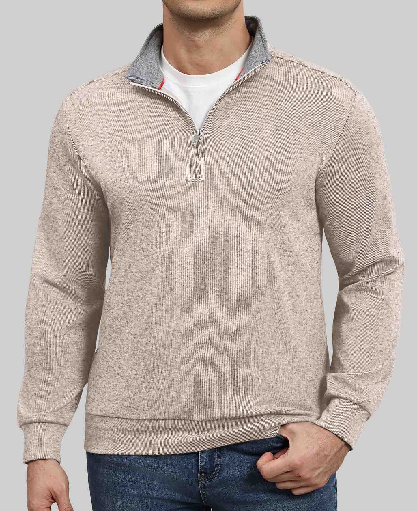 Model in apricot Men's Quarter Zip Sweater ¨C Cashmere-Like Pullover with jeans, showcasing simple fit and daily style.