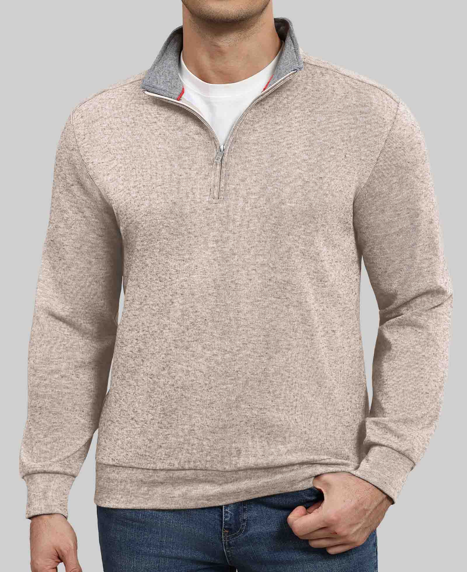 Model in apricot Men's Quarter Zip Sweater ¨C Cashmere-Like Pullover with jeans, showcasing simple fit and daily style.