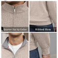 Features: quarter-zip neck (adjustable), ribbed hem (fit), contrast collar (visual layering), long sleeves (seasonal).