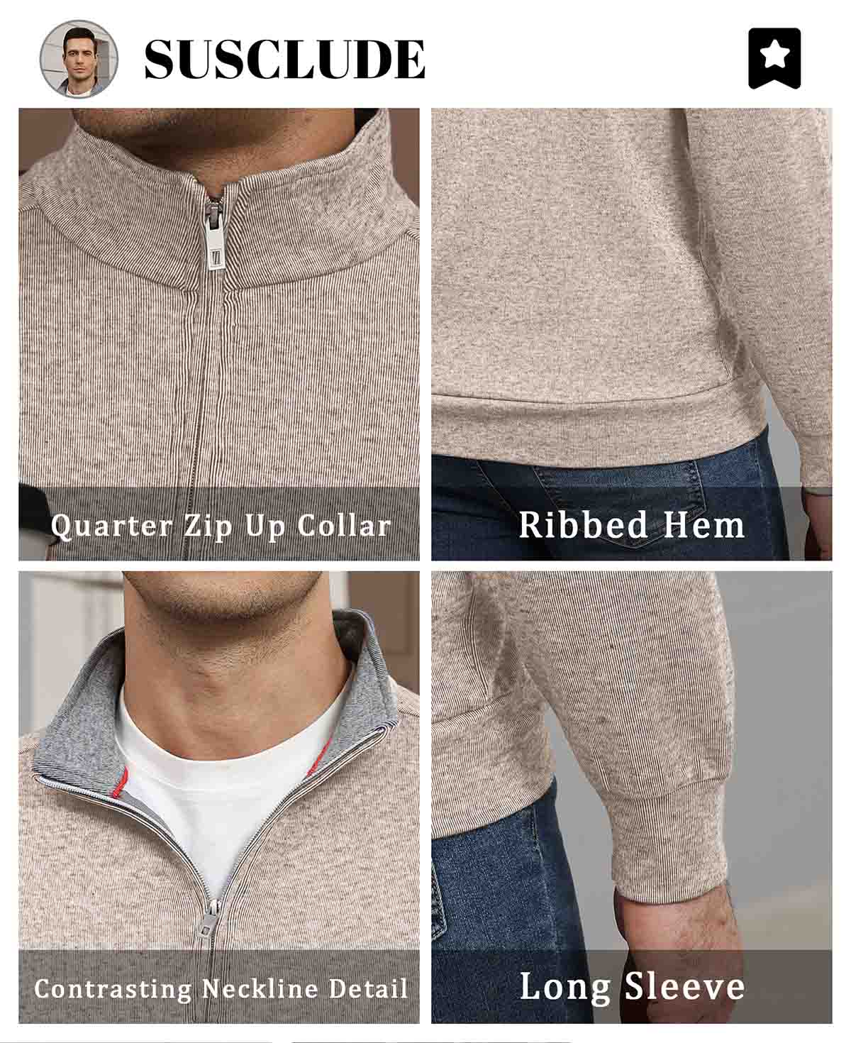 Features: quarter-zip neck (adjustable), ribbed hem (fit), contrast collar (visual layering), long sleeves (seasonal).