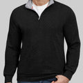 Model in black Men's Quarter Zip Sweater ¨C Cashmere-Like Pullover with jeans, showcasing simple fit and daily style.