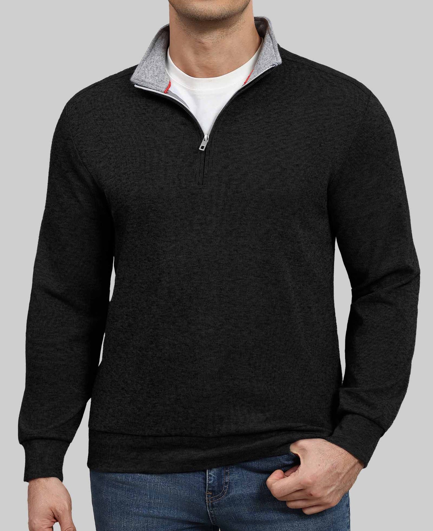 Model in black Men's Quarter Zip Sweater ¨C Cashmere-Like Pullover with jeans, showcasing simple fit and daily style.