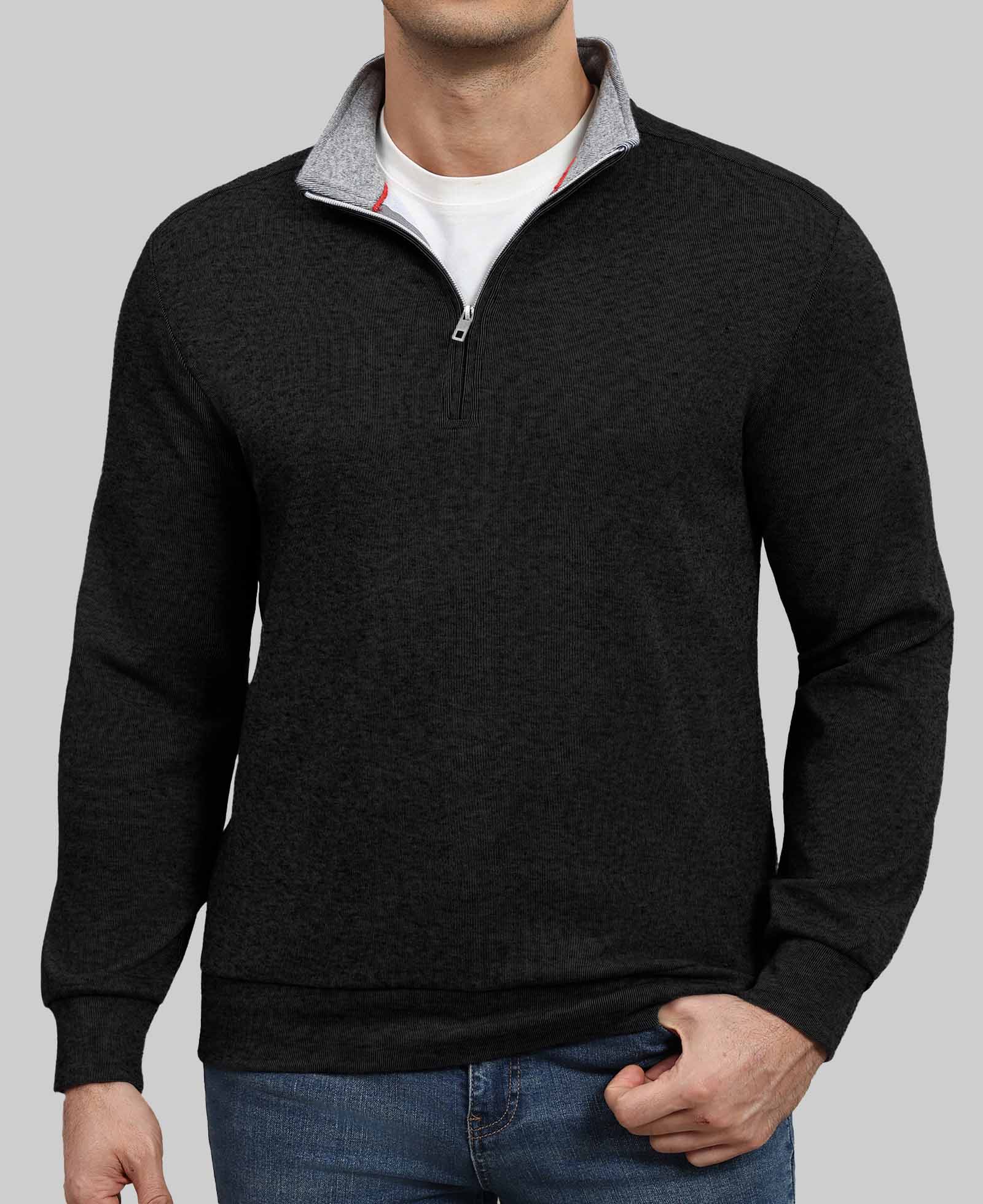 Model in black Men's Quarter Zip Sweater ¨C Cashmere-Like Pullover with jeans, showcasing simple fit and daily style.