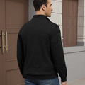 Back view of black Men's Quarter Zip Sweater showing smooth drape and minimalist silhouette.