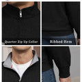 Features: quarter-zip neck (adjustable), ribbed hem (fit), contrast collar (visual layering), long sleeves (seasonal).