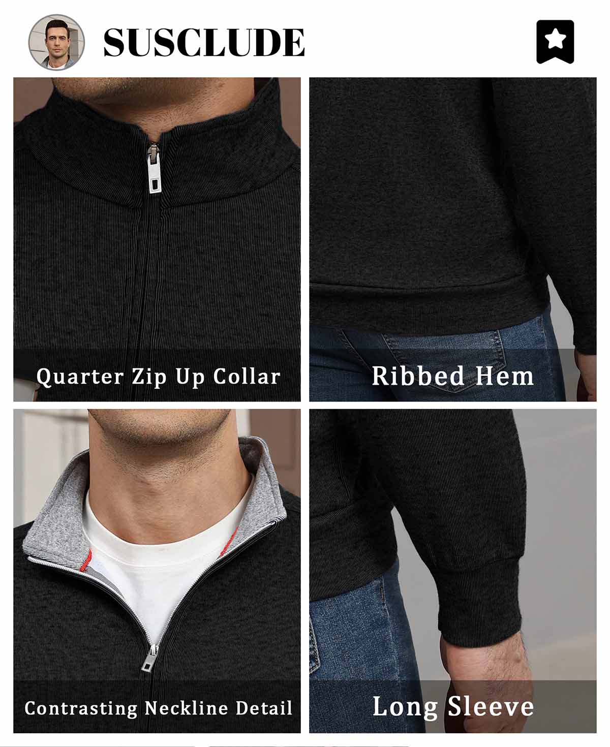 Features: quarter-zip neck (adjustable), ribbed hem (fit), contrast collar (visual layering), long sleeves (seasonal).