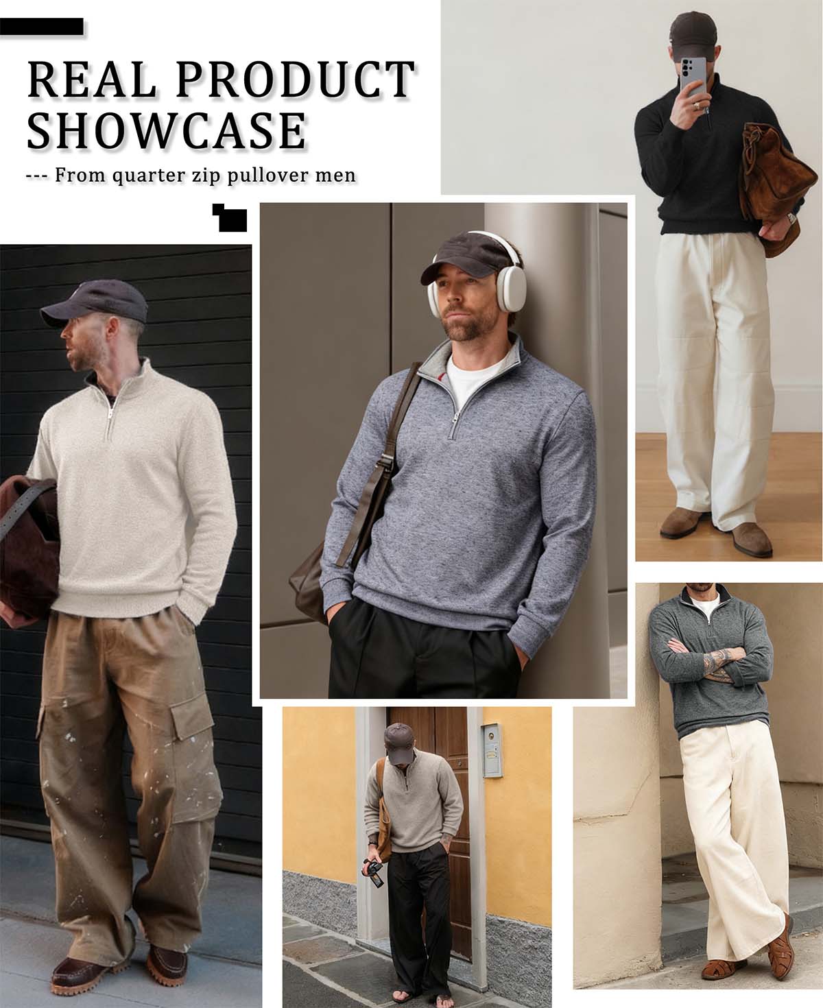 Men's Quarter Zip Sweater in off-white, grey, black styled for casual or light commute looks.