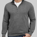 Model in grey Men's Quarter Zip Sweater ¨C Cashmere-Like Pullover with jeans, showcasing simple fit and daily style.