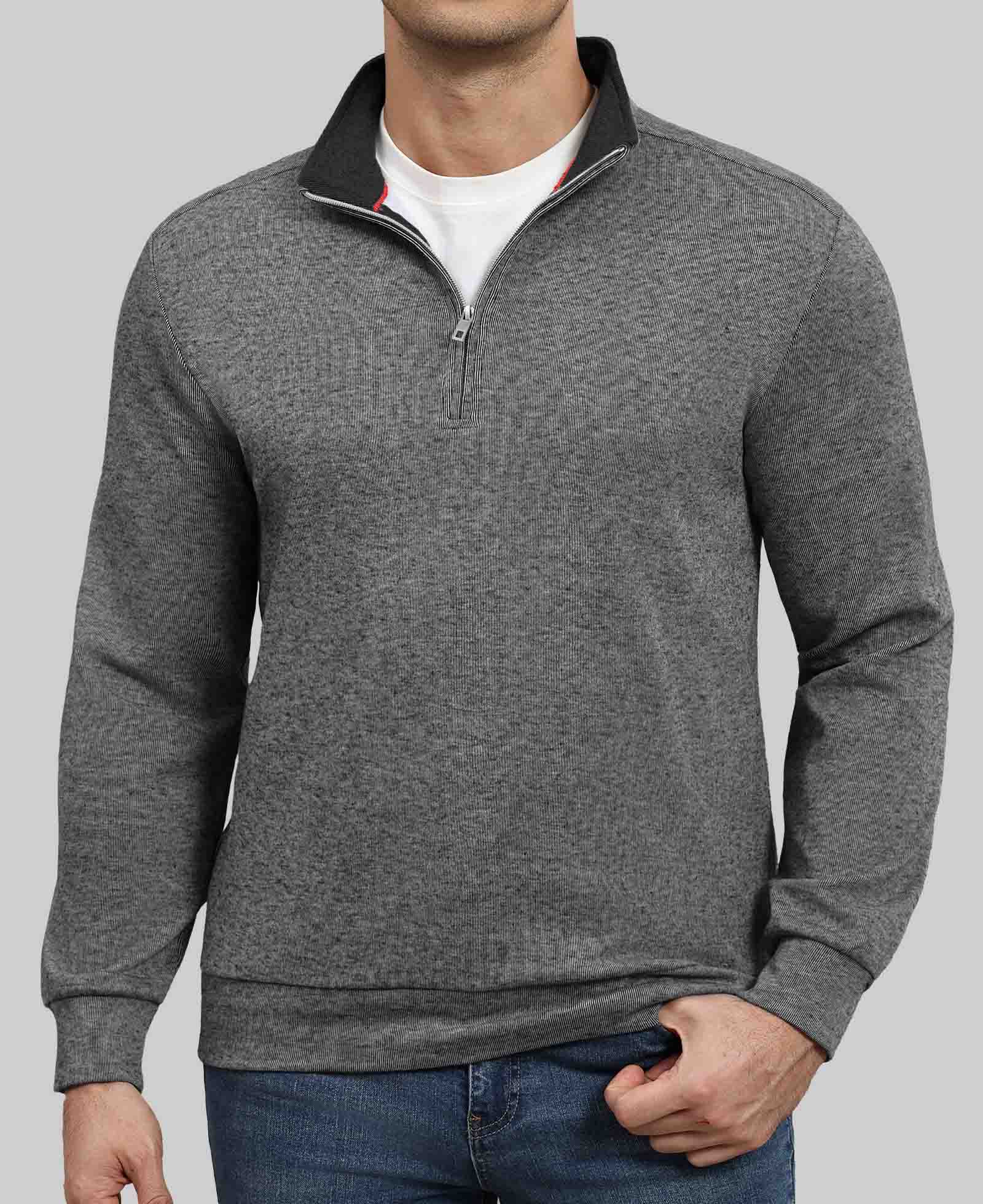 Model in grey Men's Quarter Zip Sweater ¨C Cashmere-Like Pullover with jeans, showcasing simple fit and daily style.