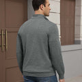 Back view of grey Men's Quarter Zip Sweater showing smooth drape and minimalist silhouette.