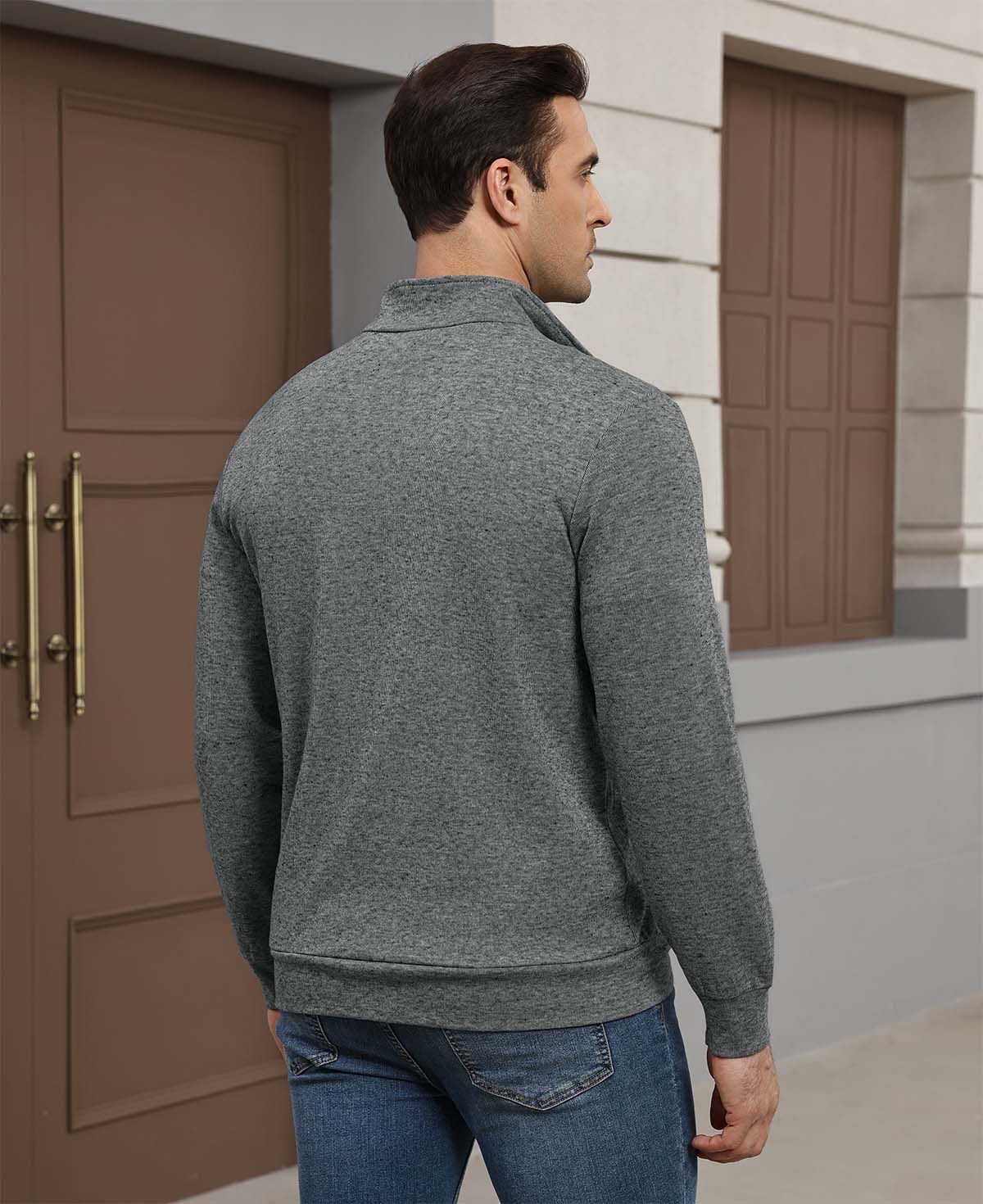 Back view of grey Men's Quarter Zip Sweater showing smooth drape and minimalist silhouette.