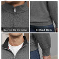 Features: quarter-zip neck (adjustable), ribbed hem (fit), contrast collar (visual layering), long sleeves (seasonal).