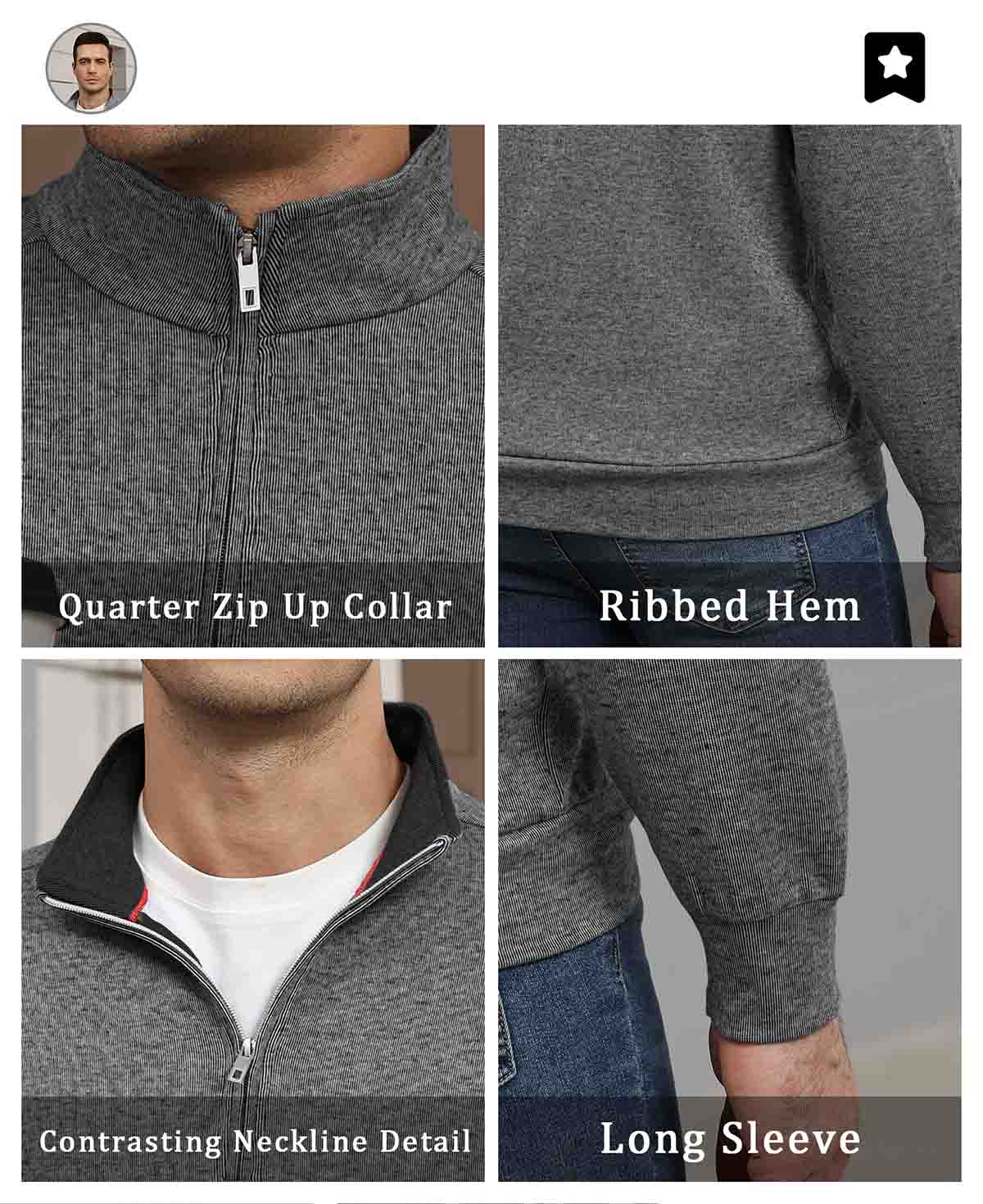 Features: quarter-zip neck (adjustable), ribbed hem (fit), contrast collar (visual layering), long sleeves (seasonal).