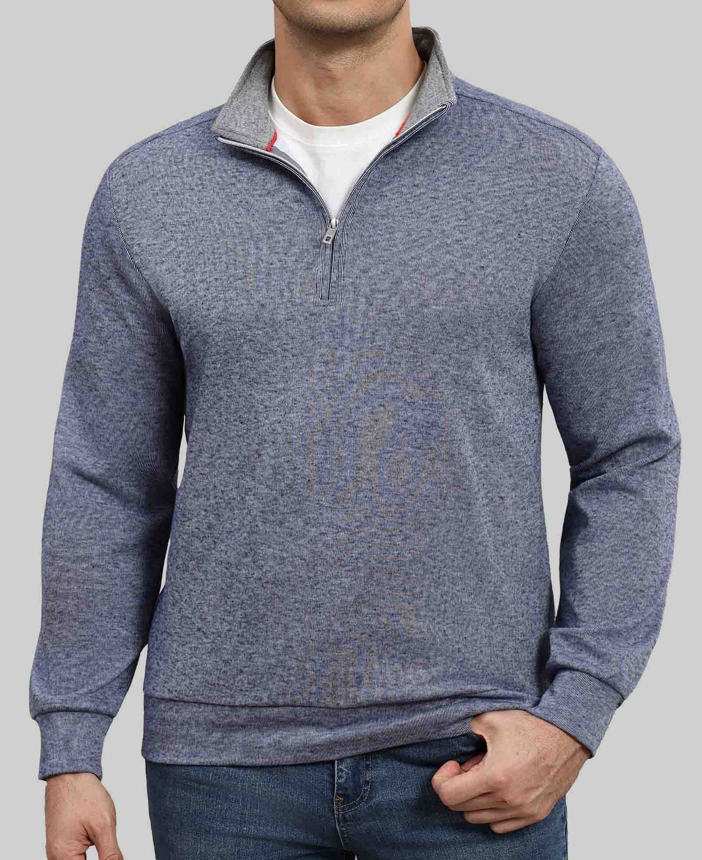 Model in navy blue Men's Quarter Zip Sweater ¨C Cashmere-Like Pullover with jeans, showcasing simple fit and daily style.