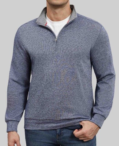 Model in navy blue Men's Quarter Zip Sweater ¨C Cashmere-Like Pullover with jeans, showcasing simple fit and daily style.