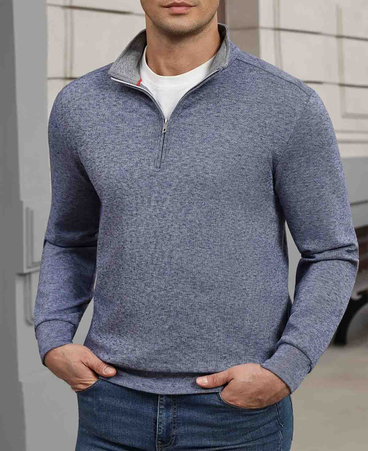 Indoor setting: model wearing navy blue Men's Quarter Zip Sweater, highlighting practical quarter-zip design for casual wear.