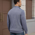 Back view of navy blue Men's Quarter Zip Sweater showing smooth drape and minimalist silhouette.
