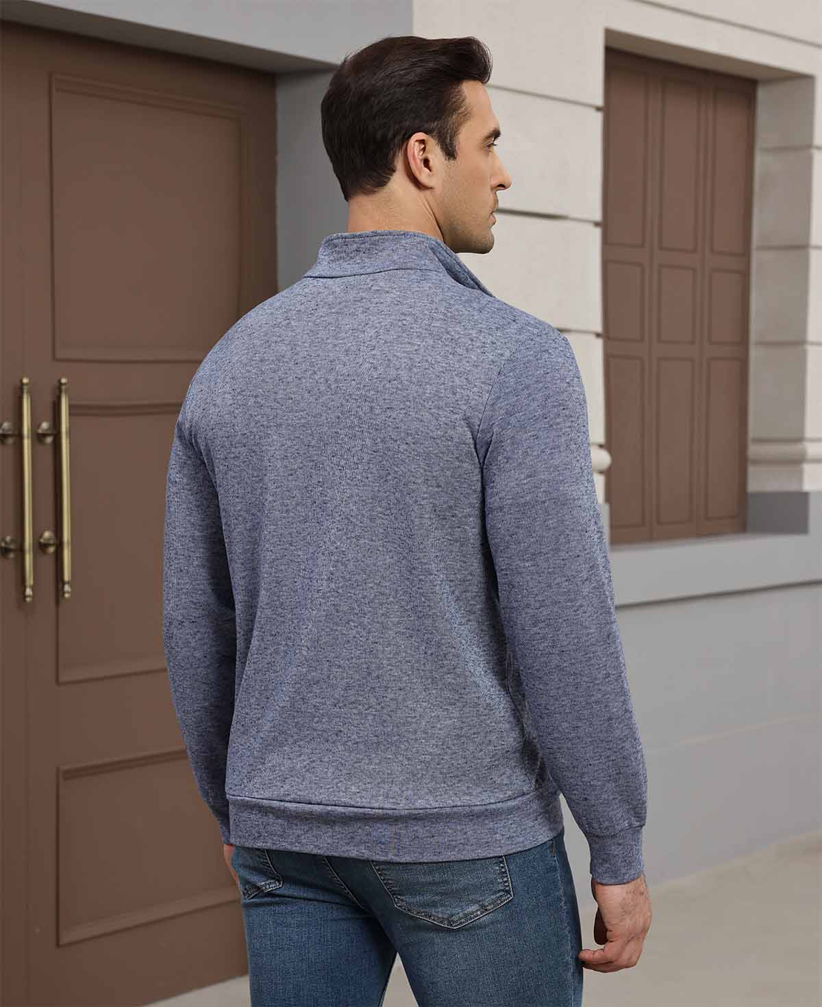 Back view of navy blue Men's Quarter Zip Sweater showing smooth drape and minimalist silhouette.