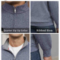 Features: quarter-zip neck (adjustable), ribbed hem (fit), contrast collar (visual layering), long sleeves (seasonal).