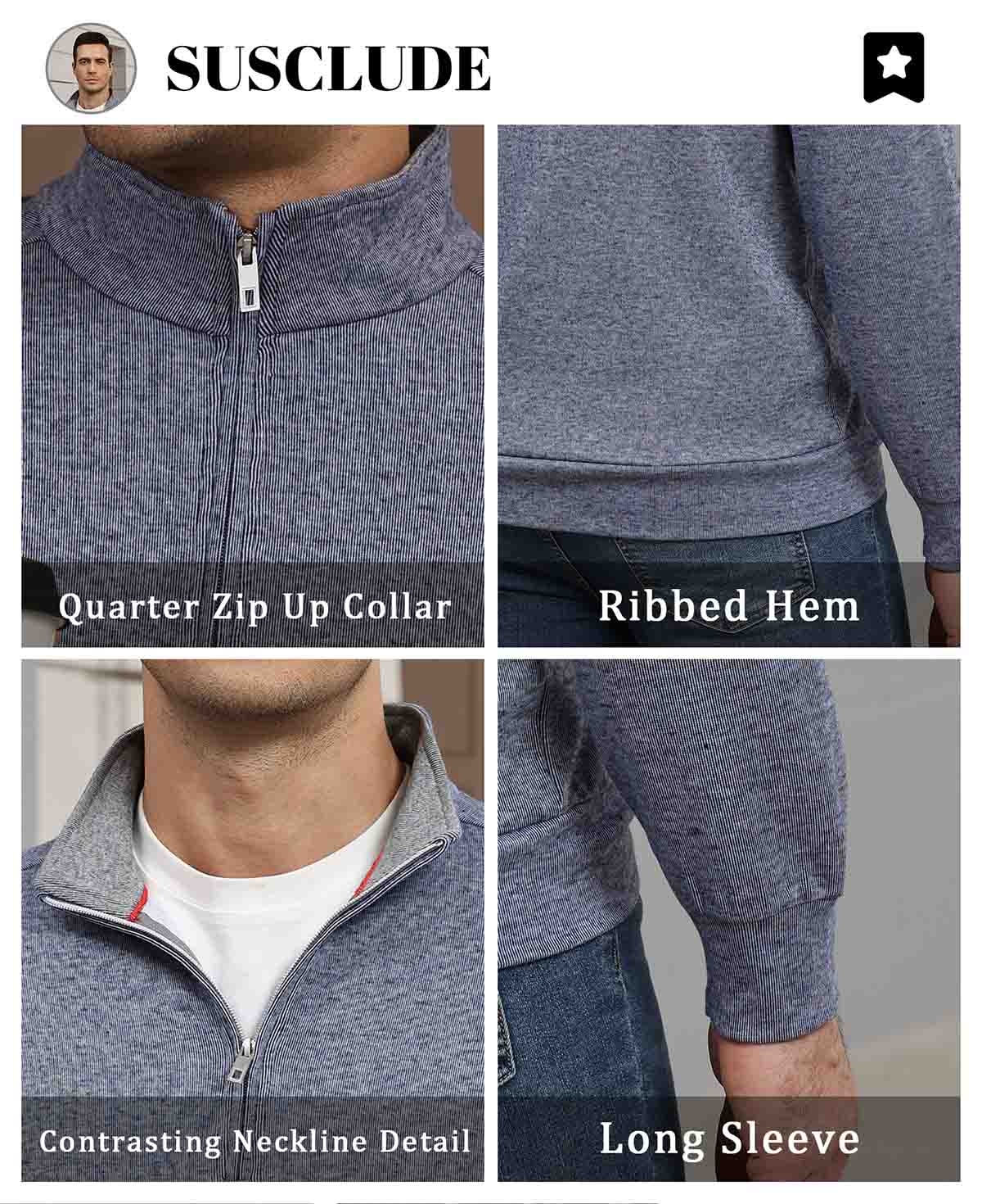 Features: quarter-zip neck (adjustable), ribbed hem (fit), contrast collar (visual layering), long sleeves (seasonal).
