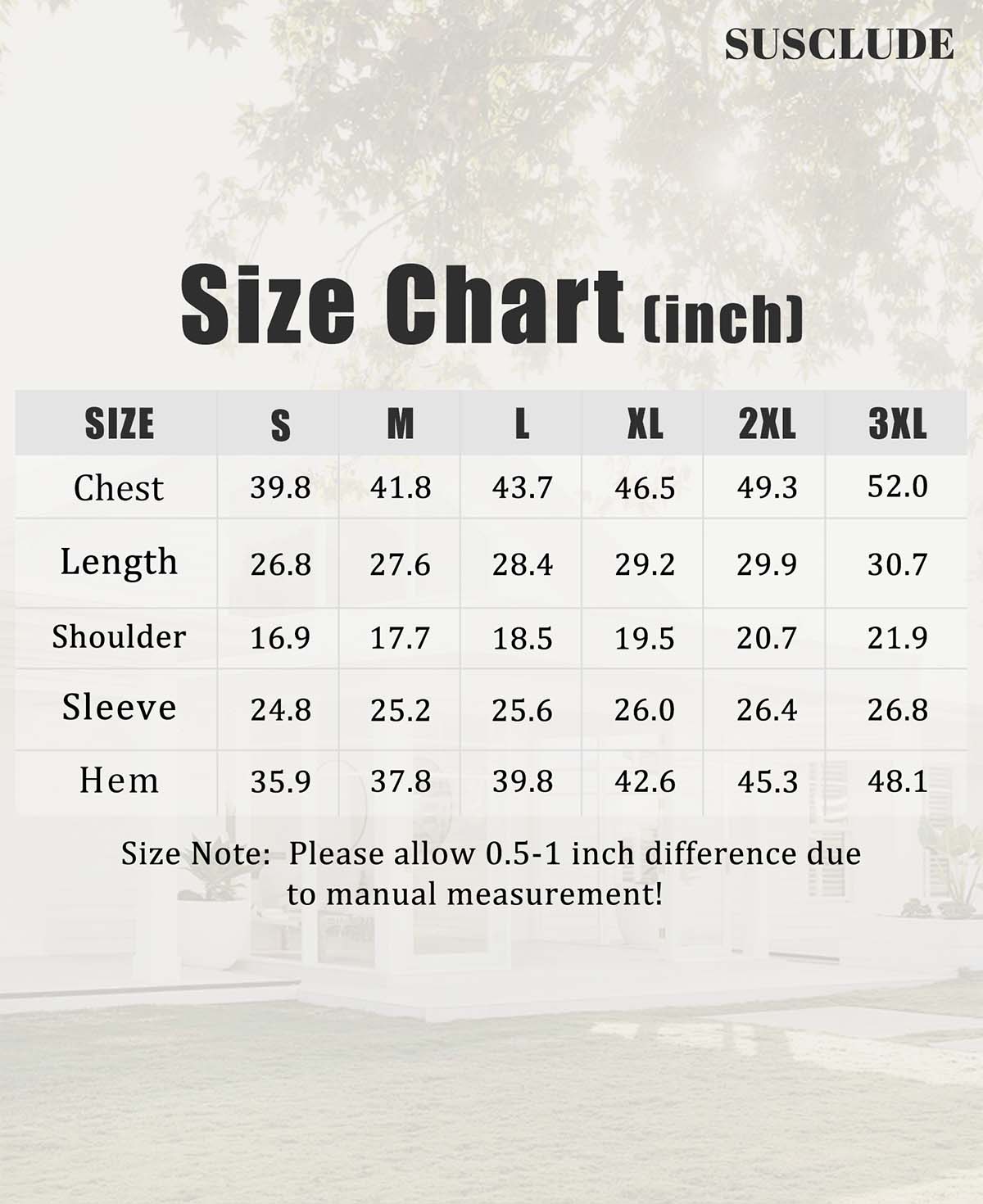 SUSCLUDE size chart (inches): chest, length, shoulder width, sleeve, hem, with 0.5¨C1" manual measurement tolerance.