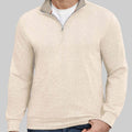 Model in white Men's Quarter Zip Sweater ¨C Cashmere-Like Pullover with jeans, showcasing simple fit and daily style.