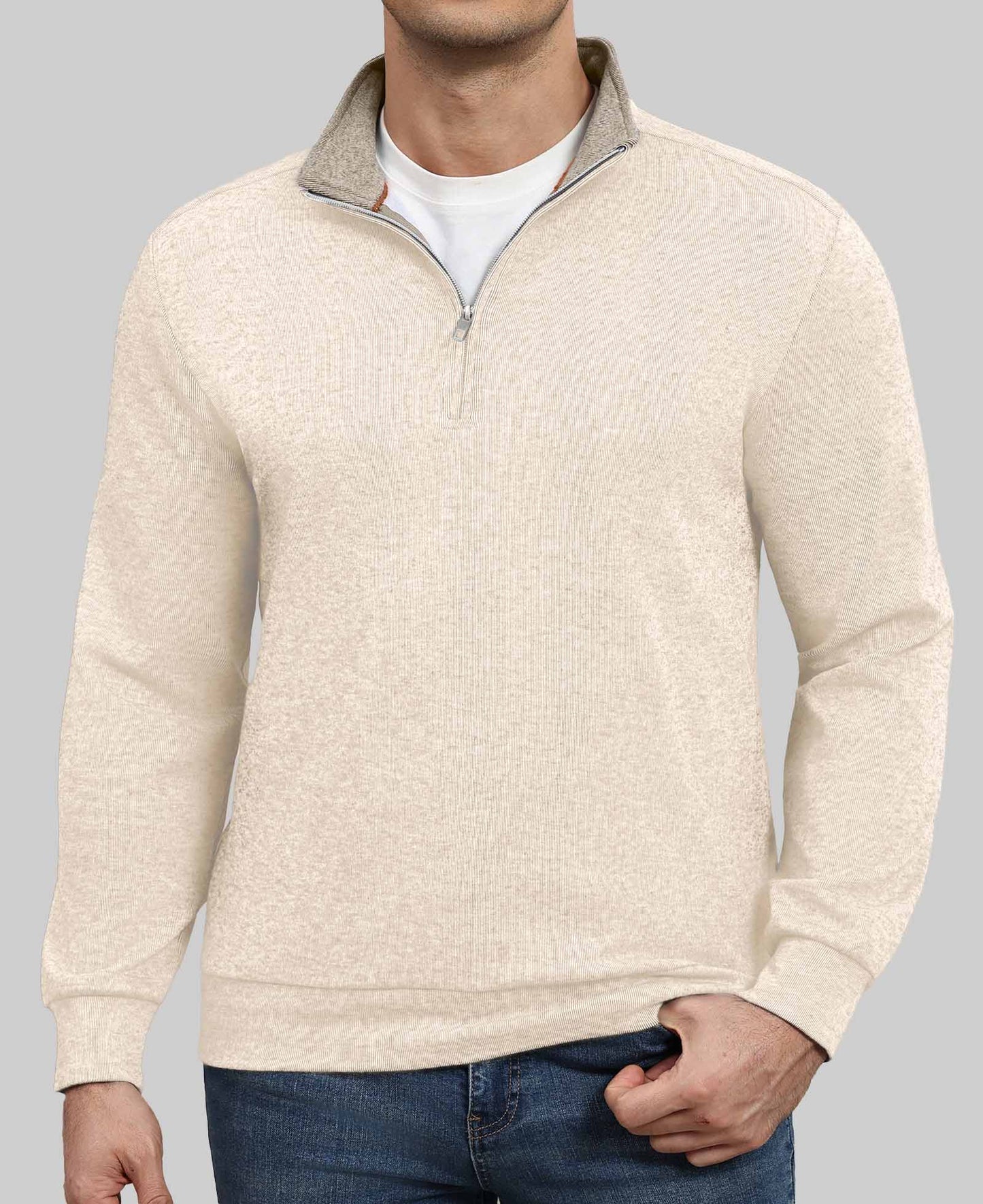 Model in white Men's Quarter Zip Sweater ¨C Cashmere-Like Pullover with jeans, showcasing simple fit and daily style.