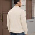 Back view of white Men's Quarter Zip Sweater showing smooth drape and minimalist silhouette.