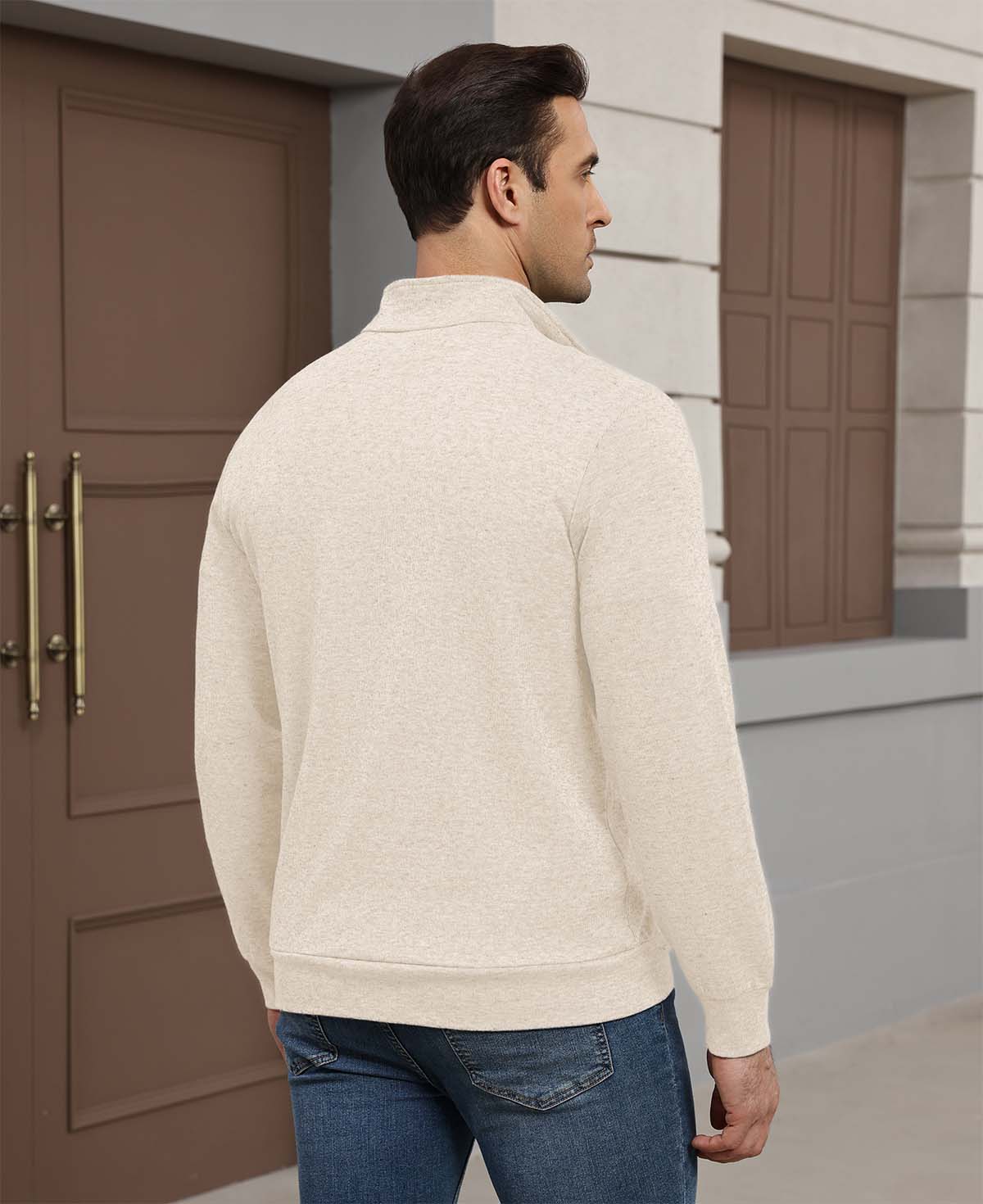 Back view of white Men's Quarter Zip Sweater showing smooth drape and minimalist silhouette.